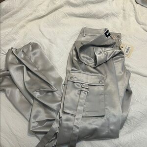 SER.O.YA lai satin cargo pants in silver